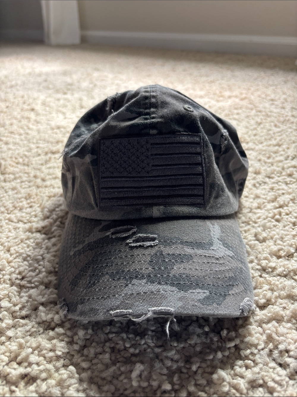 Distressed Black/Gray Camo Baseball Hat with Flag Patch - Women